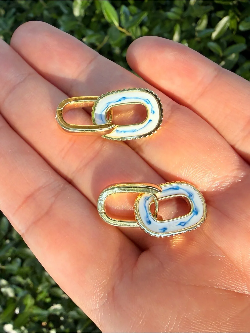 Gold Link Drop Earrings with White & Blue Enamel - Picture 5 of 6